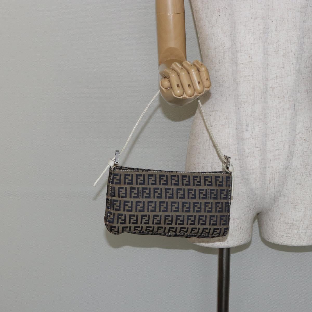 FENDI Zucchino Canvas Accessory Pouch Navy Silver Auth 146283A