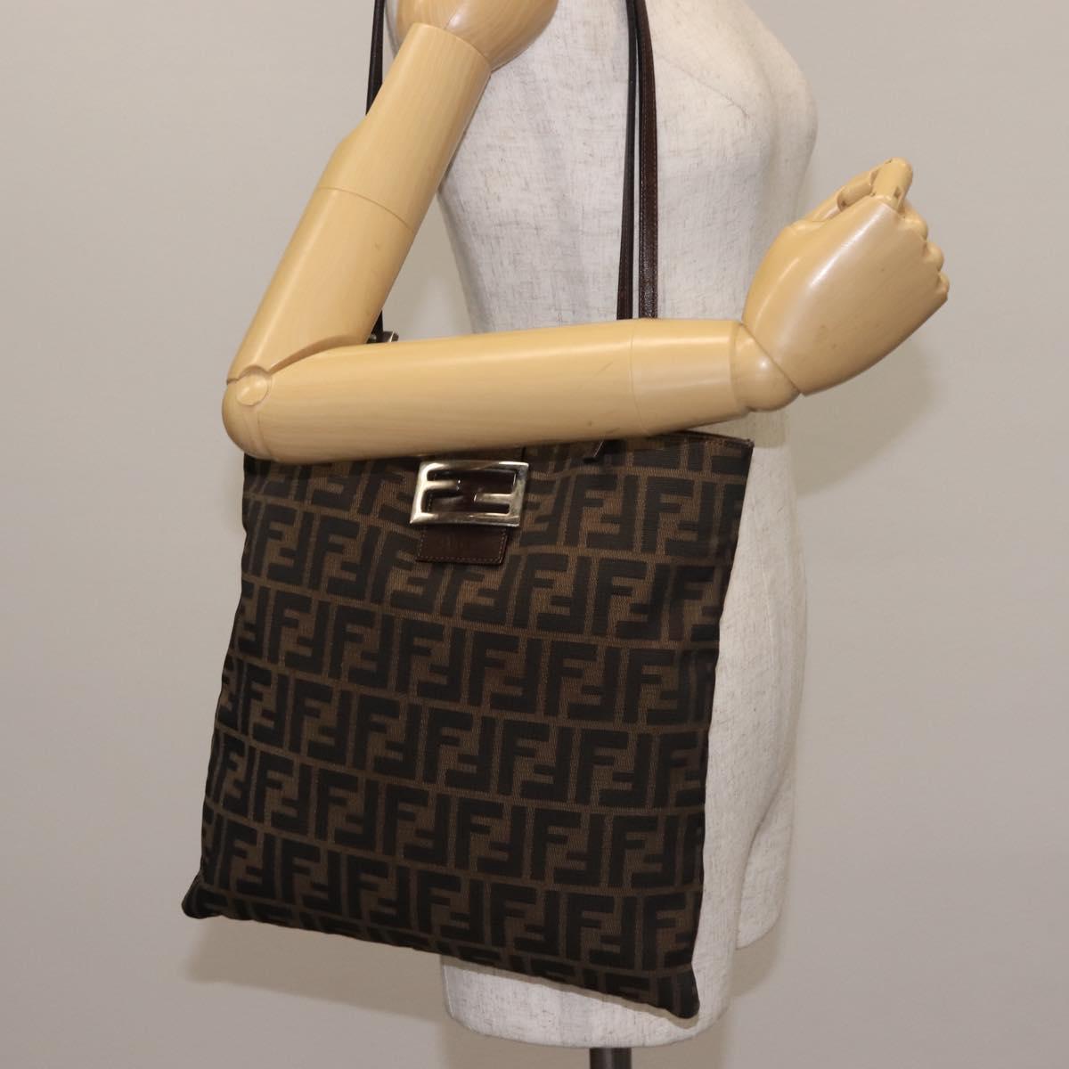 FENDI Zucca Canvas Mamma Baguette Tote Bag Black Brown Auth 146284