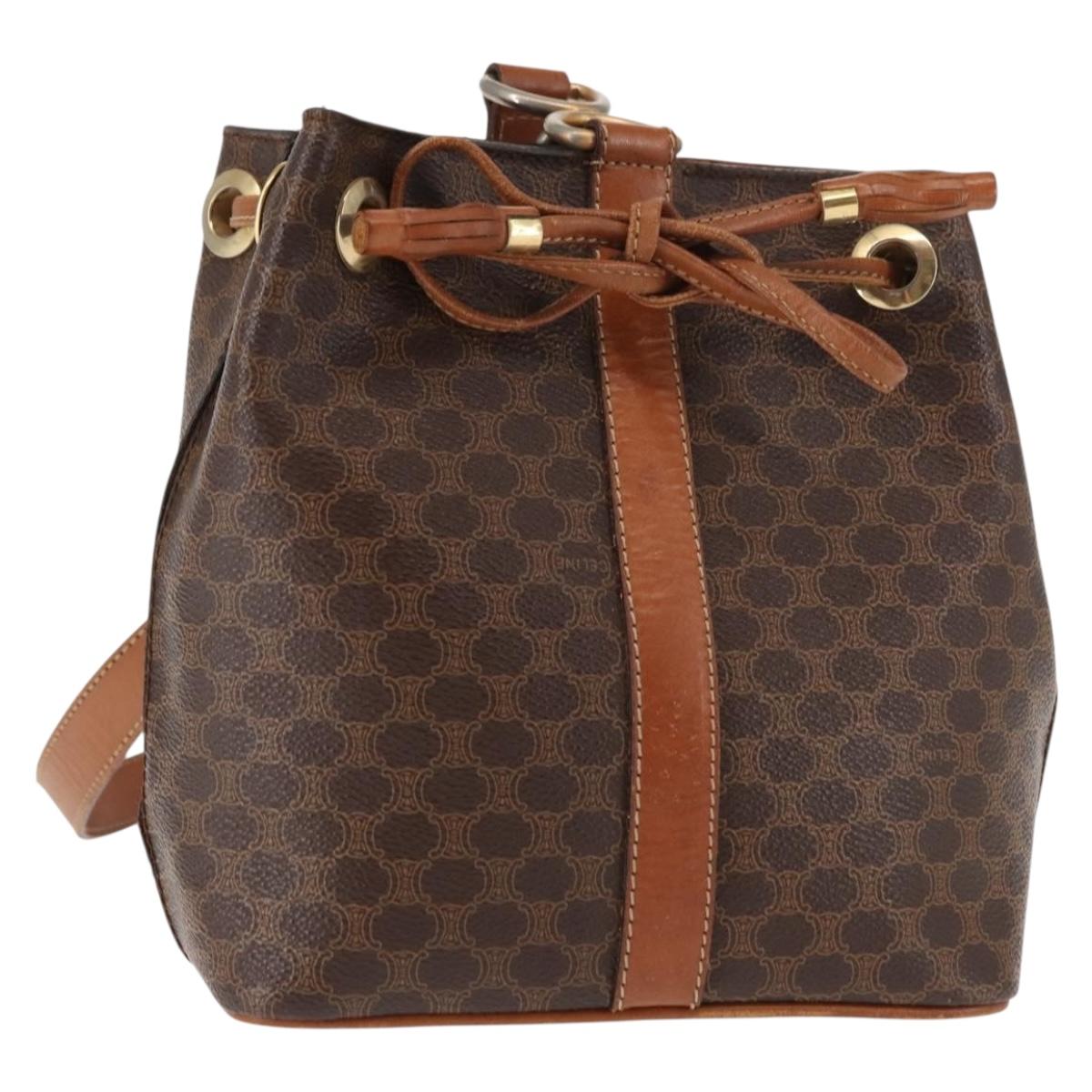 CELINE Macadam Canvas Shoulder Bag PVC Leather Brown Gold Auth 146286