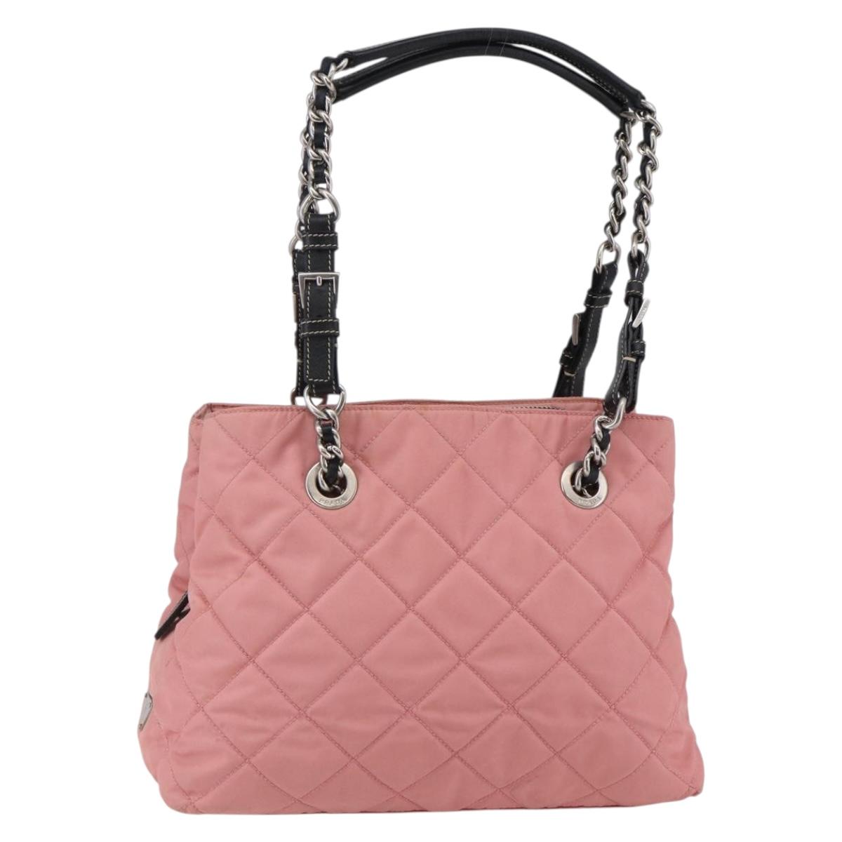 PRADA Quilted Chain Tote Bag Nylon Pink Silver Auth 146334