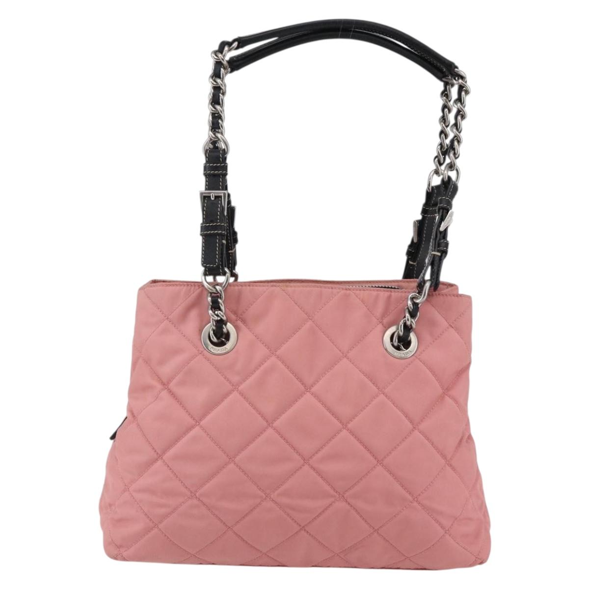 PRADA Quilted Chain Tote Bag Nylon Pink Silver Auth 146334