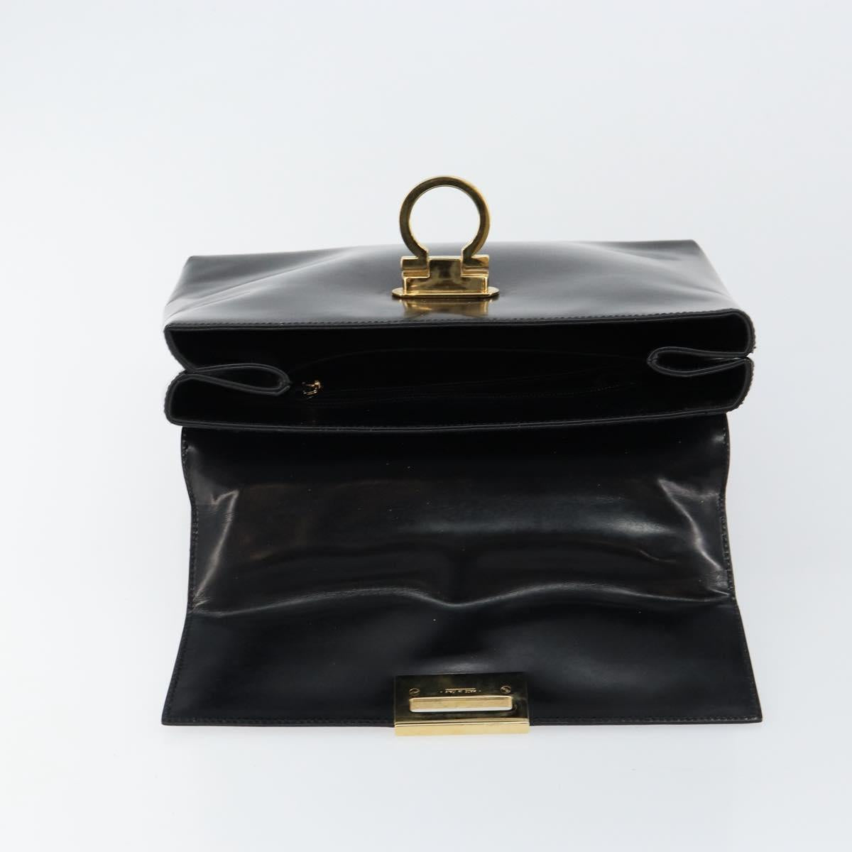 Salvatore Ferragamo Gancini Hand Bag Enamel 2way Black Gold Auth 146337