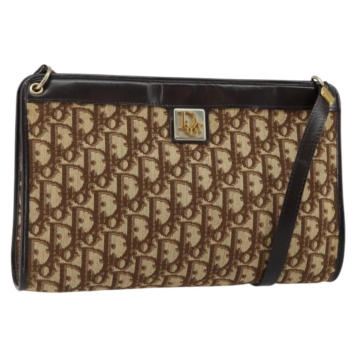 Christian Dior Trotter Canvas Shoulder Bag Beige Gold Auth 146342