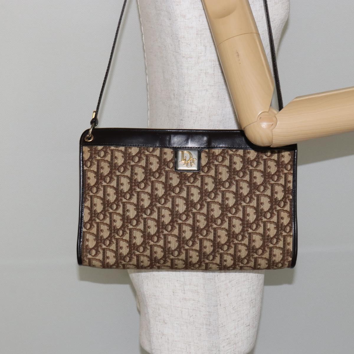 Christian Dior Trotter Canvas Shoulder Bag Beige Gold Auth 146342