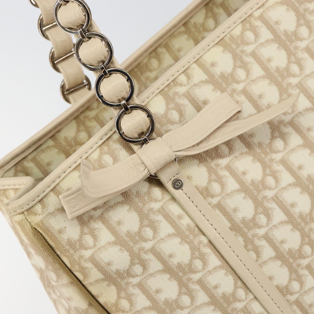 Christian Dior Trotter Canvas Romantic Chain Bag PVC Beige Silver Auth 146344
