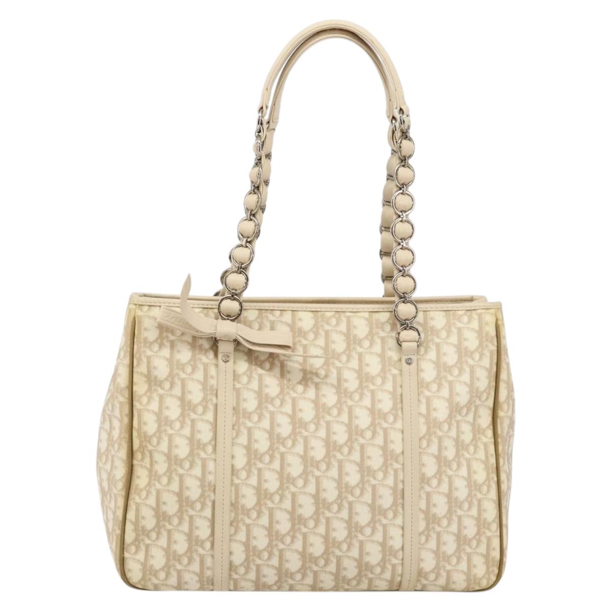 Christian Dior Trotter Canvas Romantic Chain Bag PVC Beige Silver Auth 146344