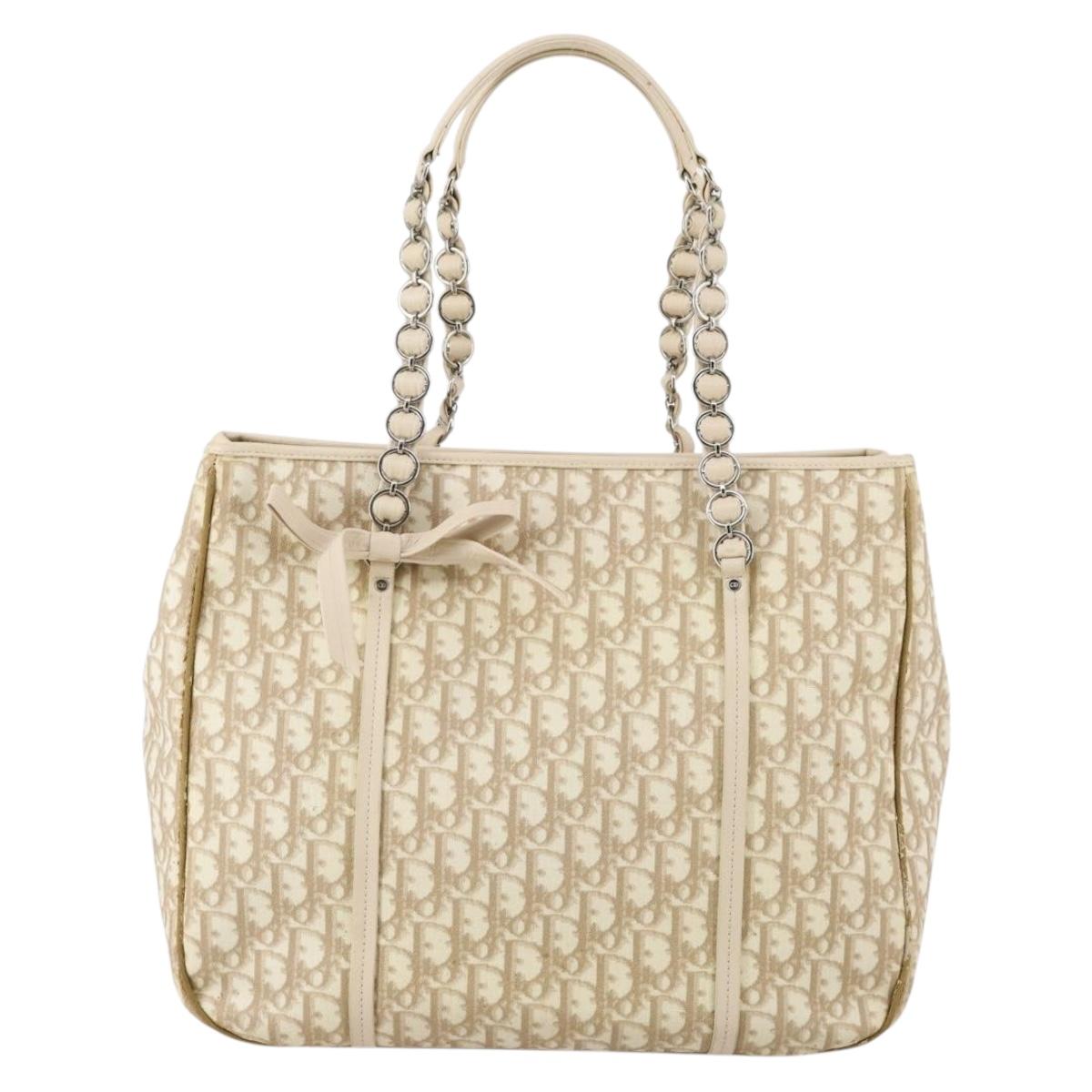 Christian Dior Trotter Canvas Romantic Chain Bag PVC Beige Silver Auth 146345