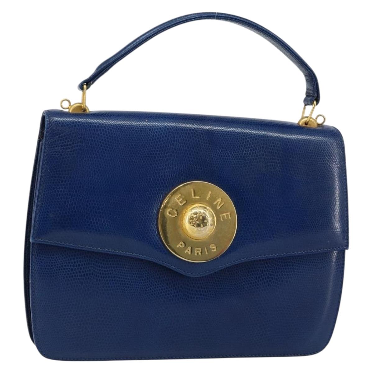 CELINE Hand Bag Leather Blue Gold Auth 146349