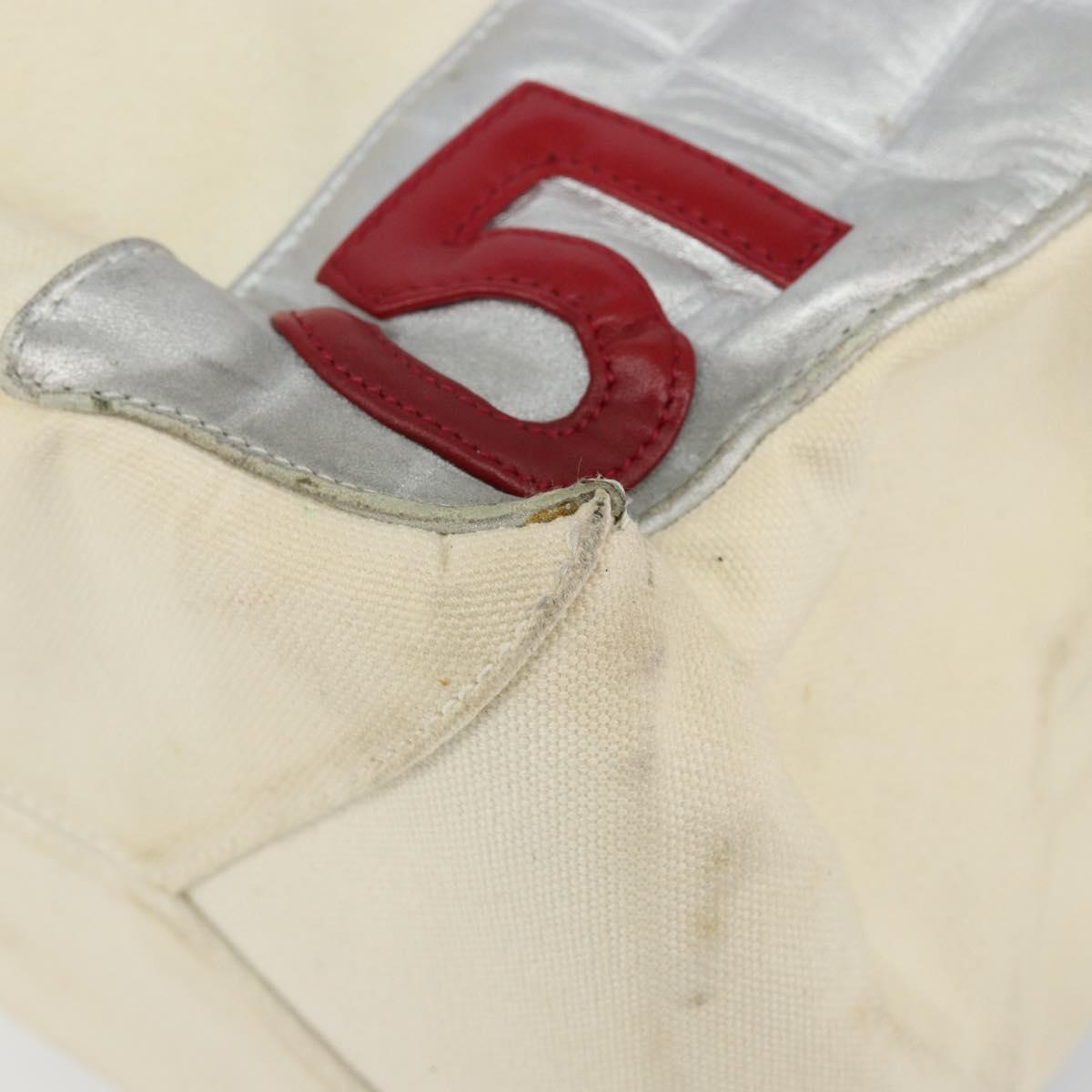 CHANEL Choco Bar Chain Tote Bag No5 Canvas White Silver CC Auth 146353