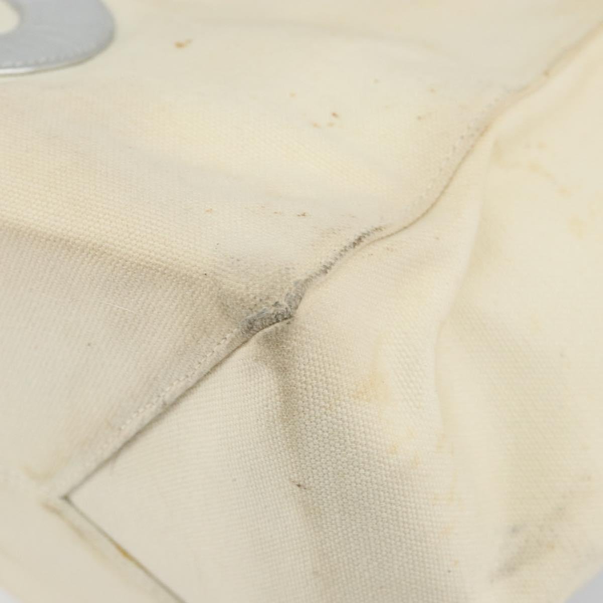 CHANEL Choco Bar Chain Tote Bag No5 Canvas White Silver CC Auth 146353