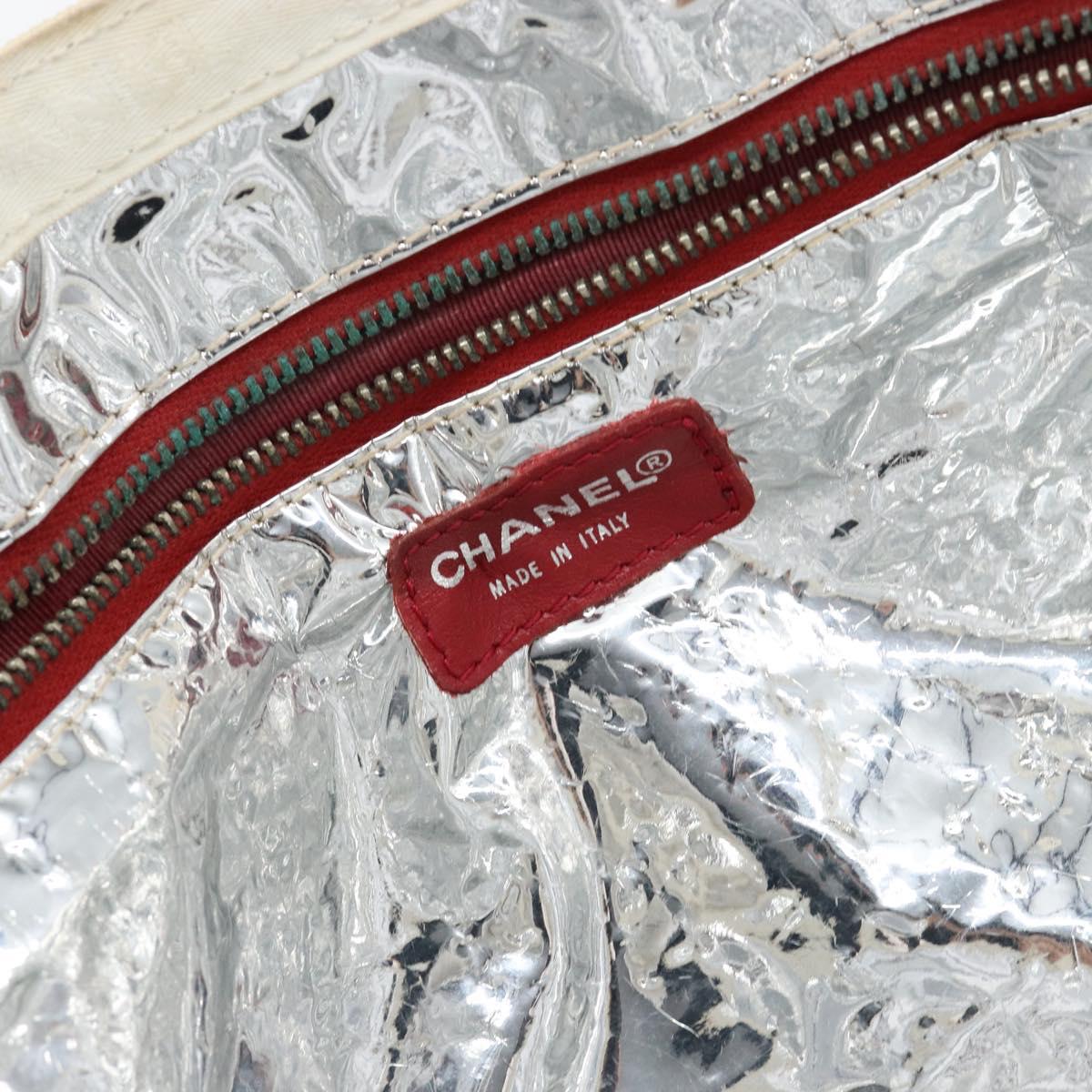 CHANEL Choco Bar Chain Tote Bag No5 Canvas White Silver CC Auth 146353