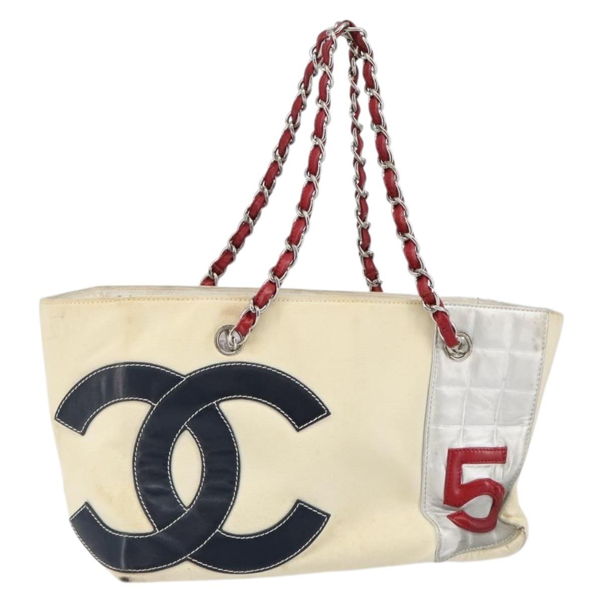 CHANEL Choco Bar Chain Tote Bag No5 Canvas White Silver CC Auth 146353