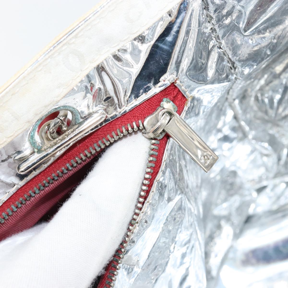 CHANEL Choco Bar Chain Tote Bag No5 Canvas White Silver CC Auth 146353