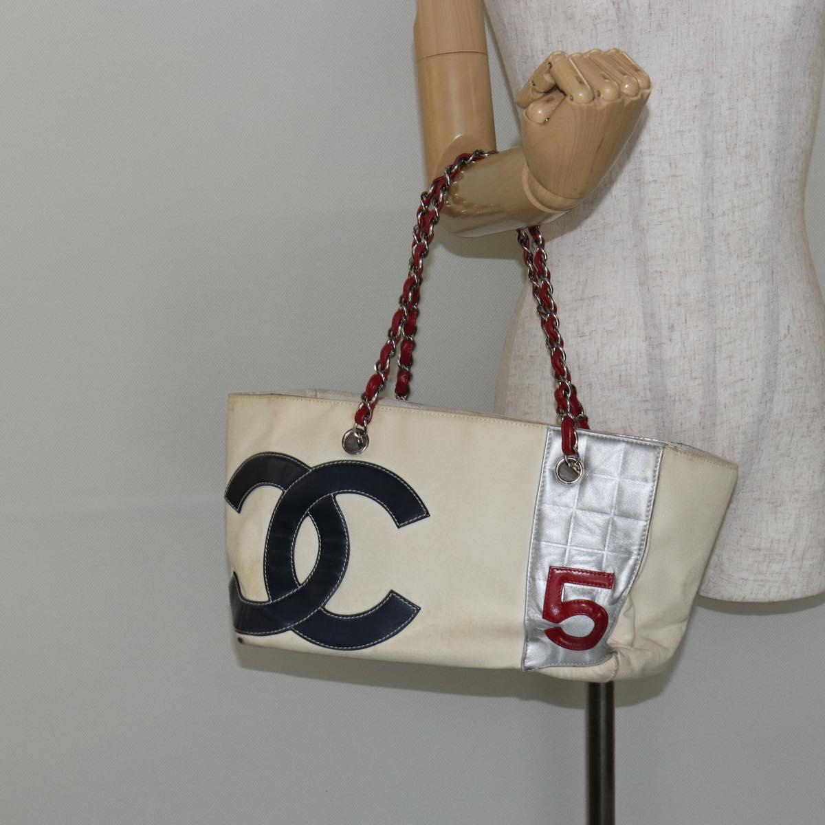 CHANEL Choco Bar Chain Tote Bag No5 Canvas White Silver CC Auth 146353