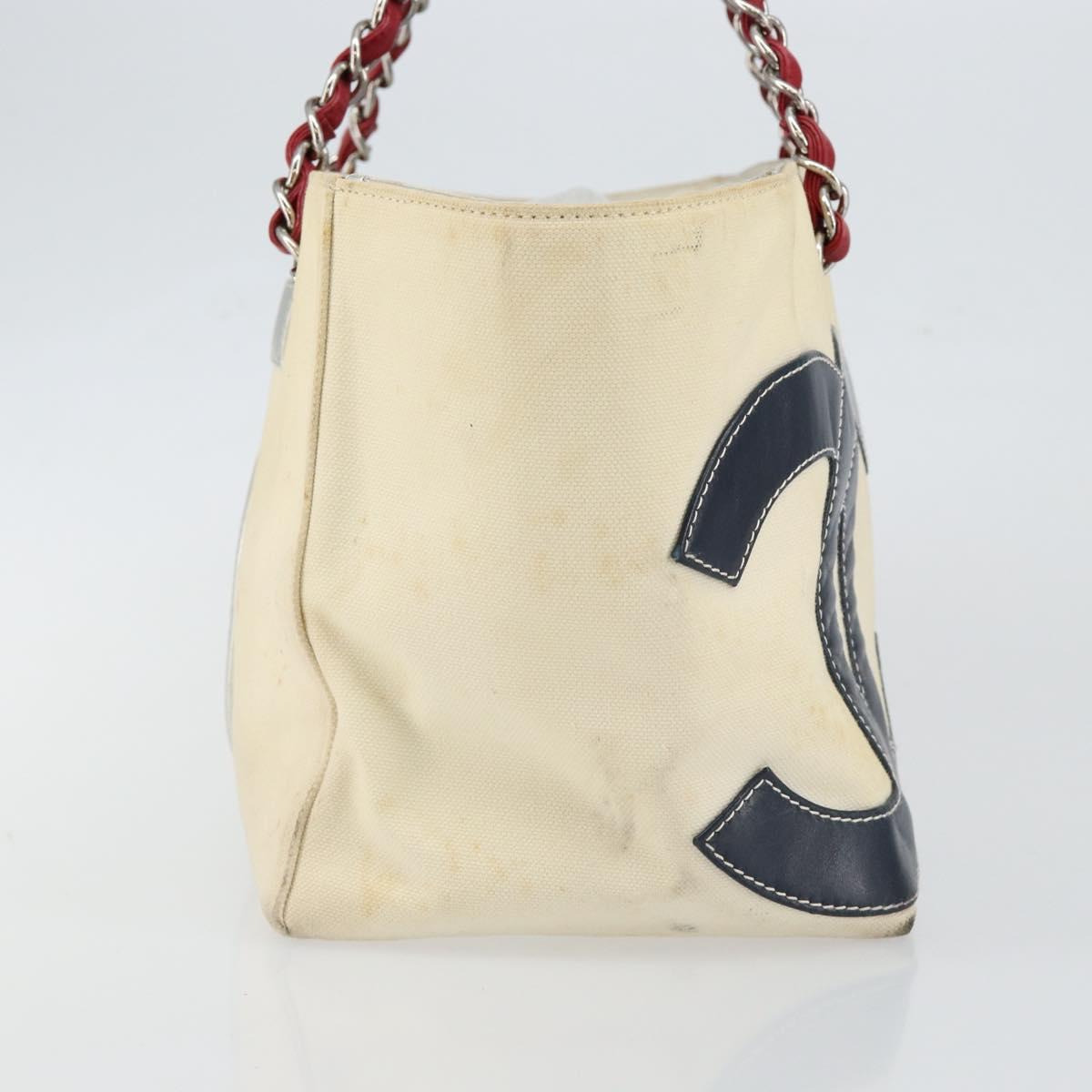 CHANEL Choco Bar Chain Tote Bag No5 Canvas White Silver CC Auth 146353