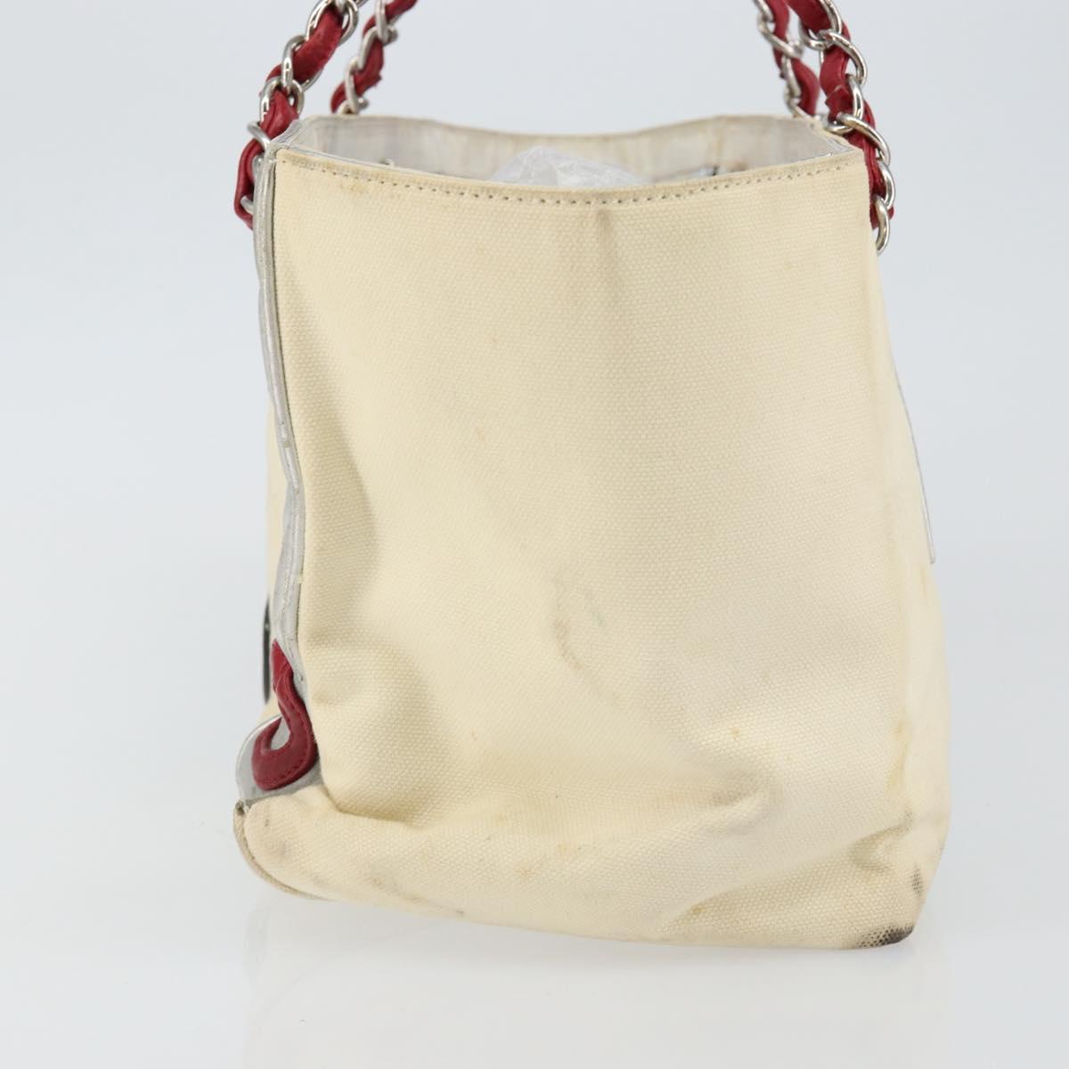 CHANEL Choco Bar Chain Tote Bag No5 Canvas White Silver CC Auth 146353