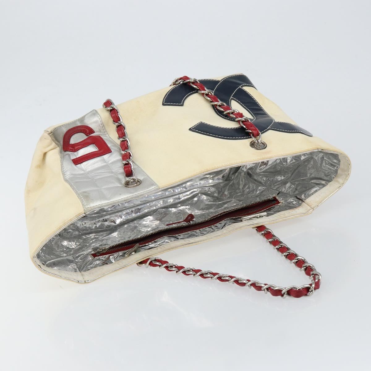 CHANEL Choco Bar Chain Tote Bag No5 Canvas White Silver CC Auth 146353