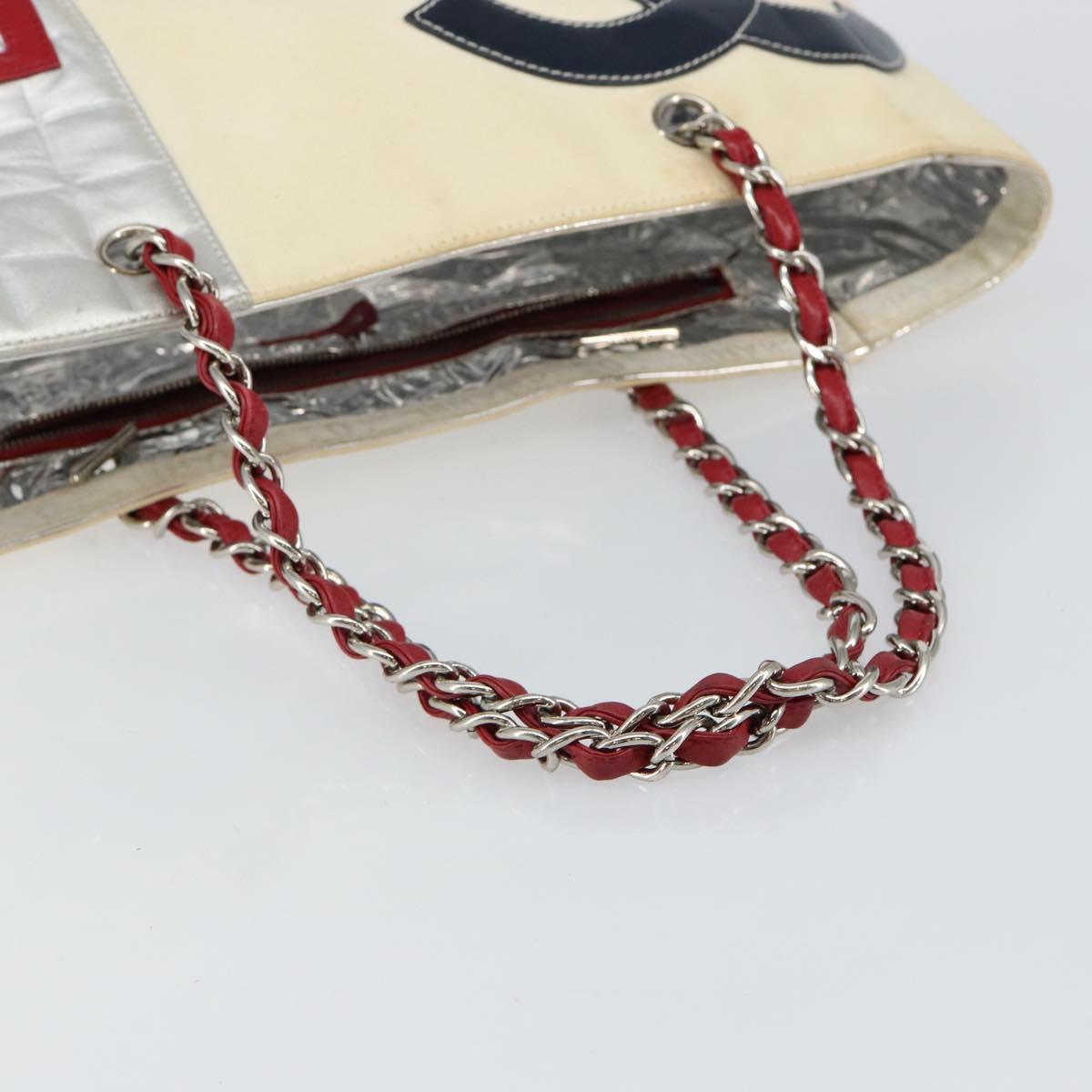 CHANEL Choco Bar Chain Tote Bag No5 Canvas White Silver CC Auth 146353