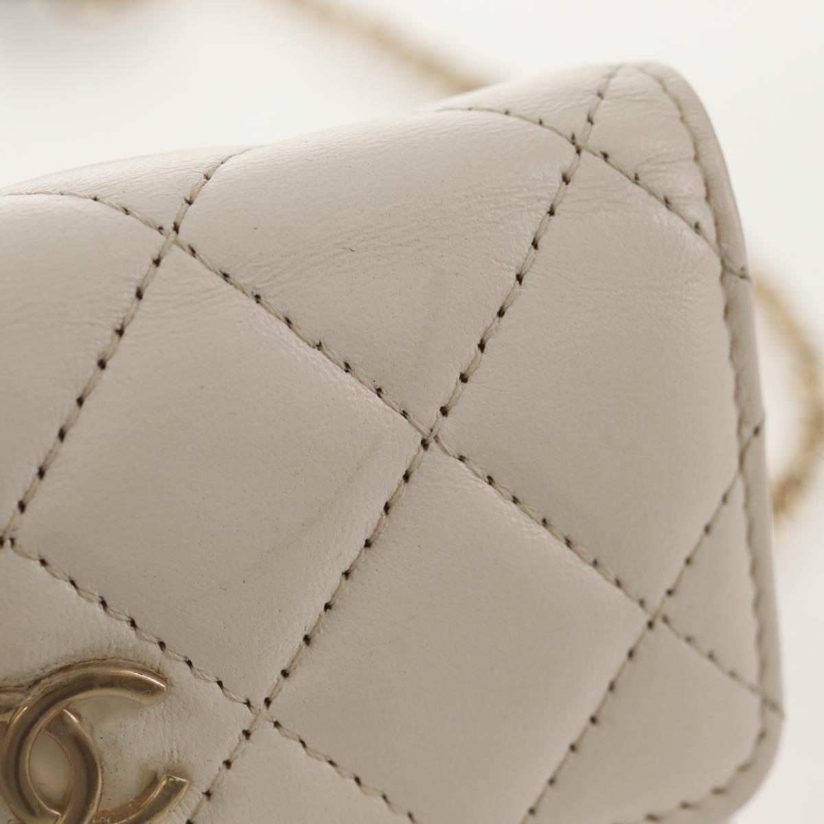 CHANEL Matelasse Camellia Chain Pouch Lamb Skin White Gold CC Auth 146359V