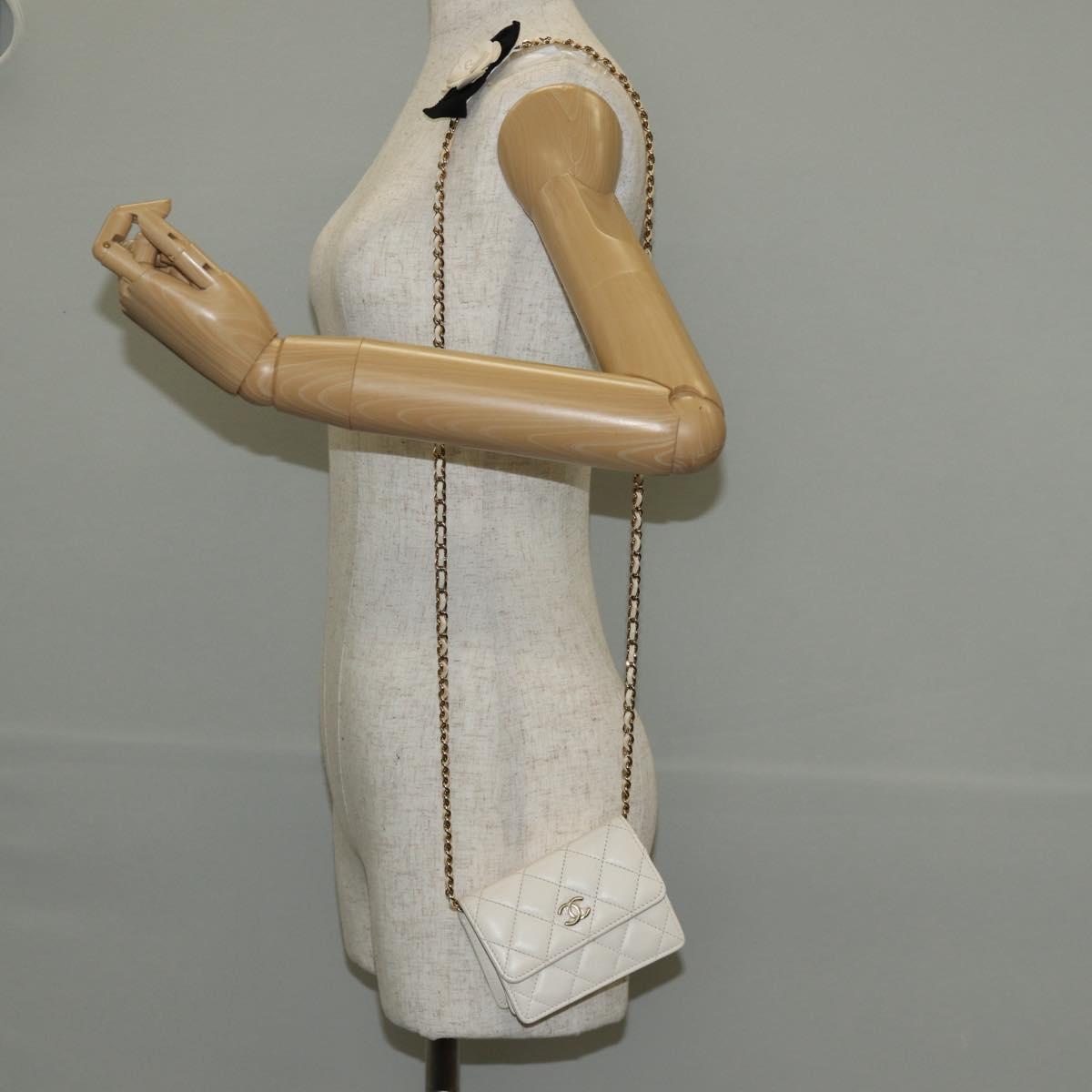 CHANEL Matelasse Camellia Chain Pouch Lamb Skin White Gold CC Auth 146359V