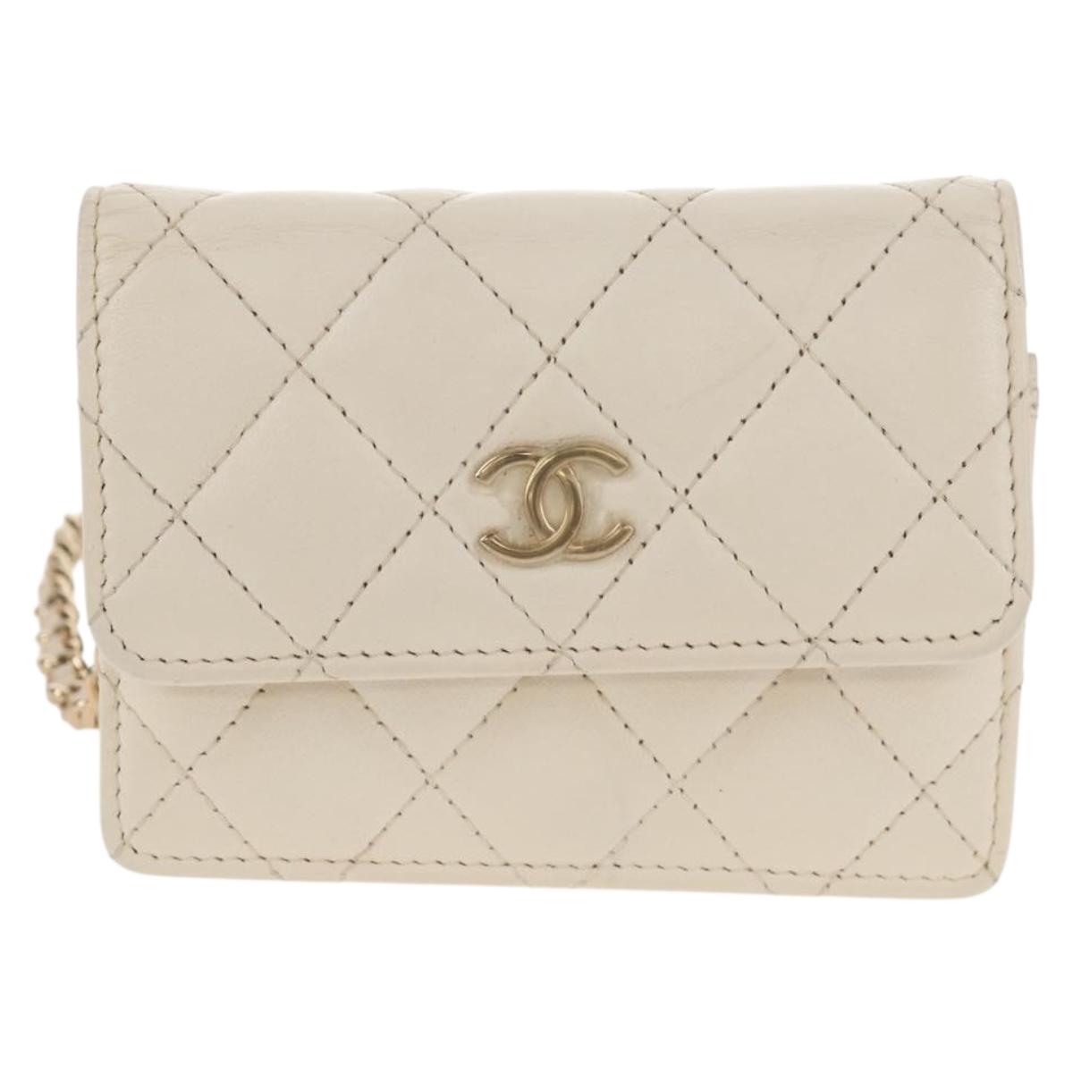 CHANEL Matelasse Camellia Chain Pouch Lamb Skin White Gold CC Auth 146359V
