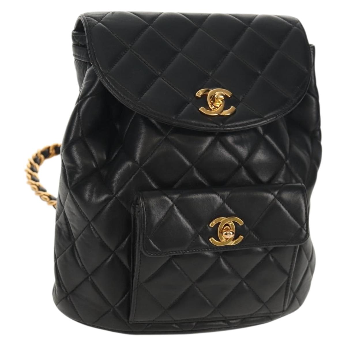 CHANEL Matelasse Chain Backpack Lamb Skin Black Gold CC Auth 146361AV