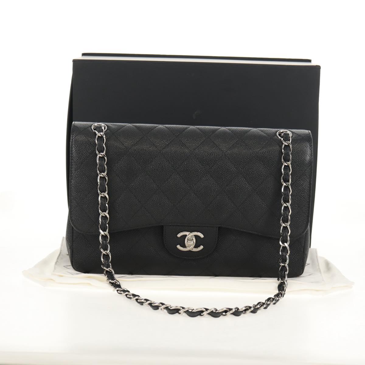CHANEL Matelasse 30 Double Flap Chain Bag Caviar Skin Black CC Auth 146363SM