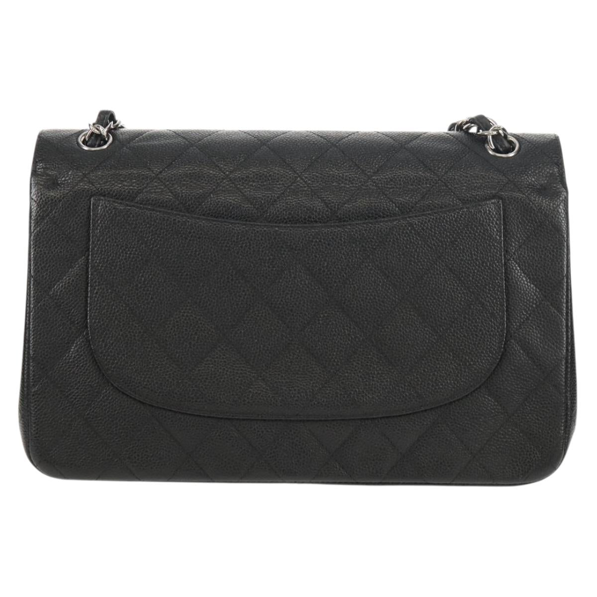 CHANEL Matelasse 30 Double Flap Chain Bag Caviar Skin Black CC Auth 146363SM