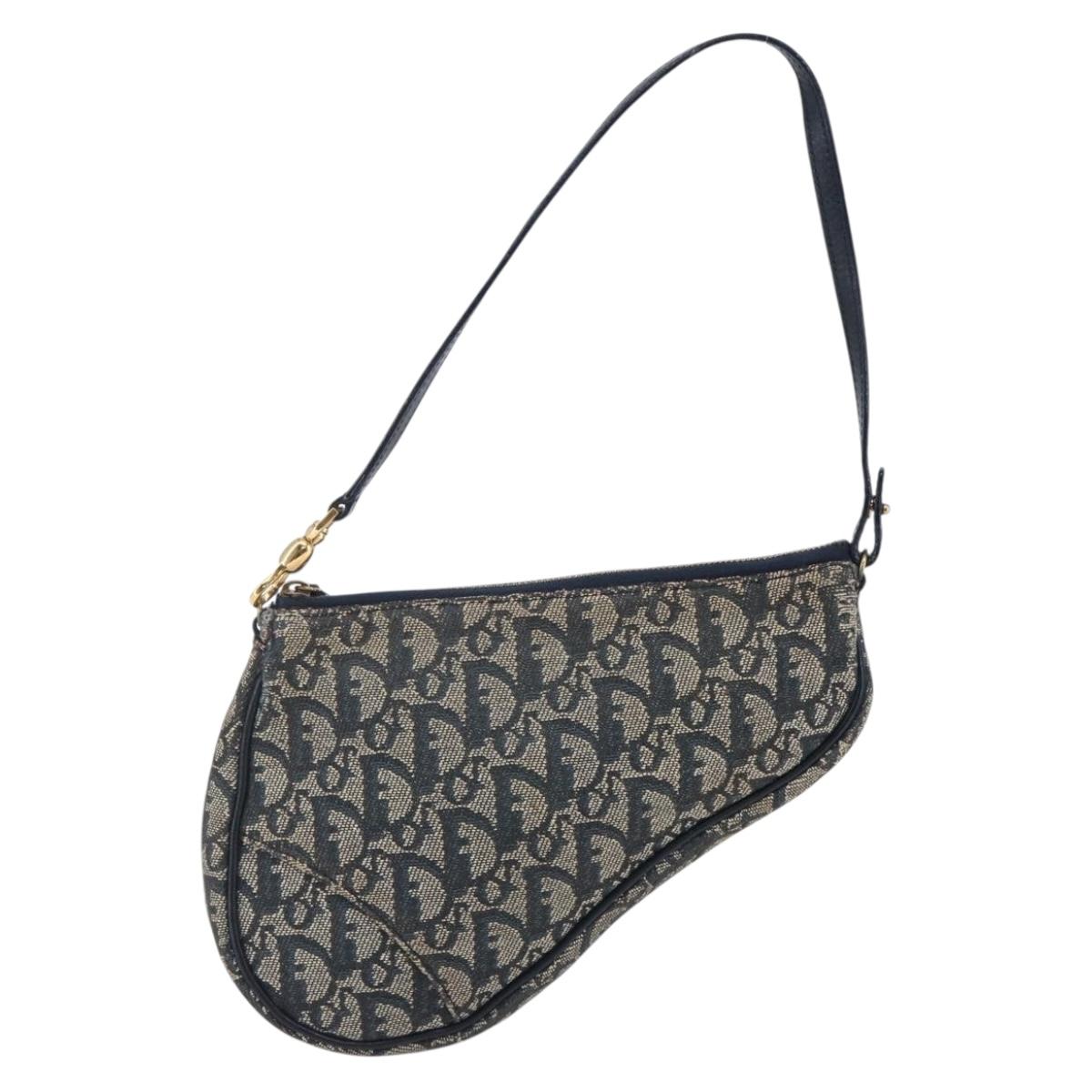 Christian Dior Trotter Canvas Saddle Pouch Navy Gold Auth 146367