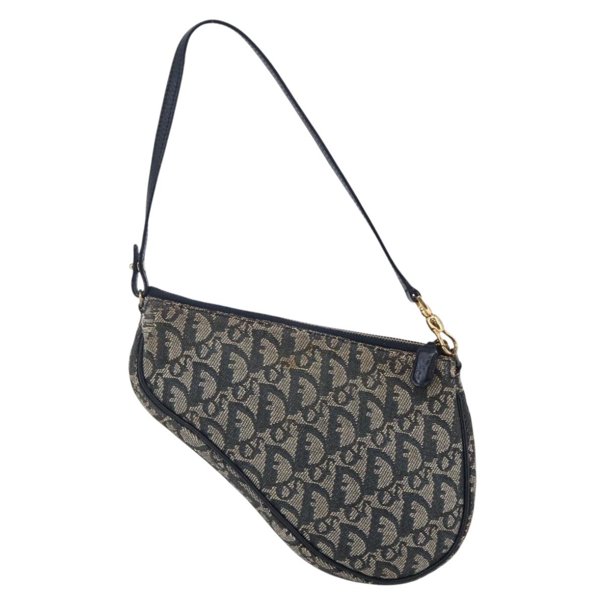 Christian Dior Trotter Canvas Saddle Pouch Navy Gold Auth 146367