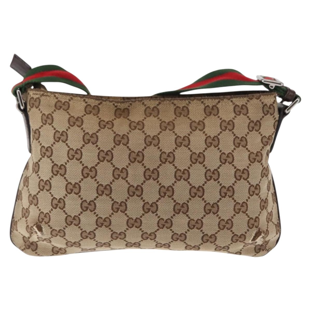 GUCCI GG Canvas Web Sherry Line Shoulder Bag Beige Silver 189749 Auth 146417