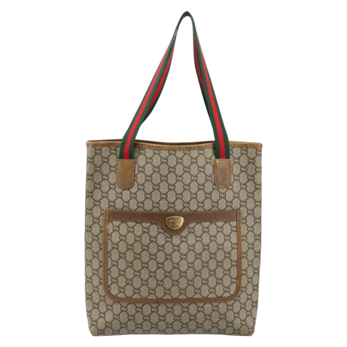 GUCCI GG Plus Supreme Web Sherry Line Tote Bag PVC Beige Gold Auth 146421