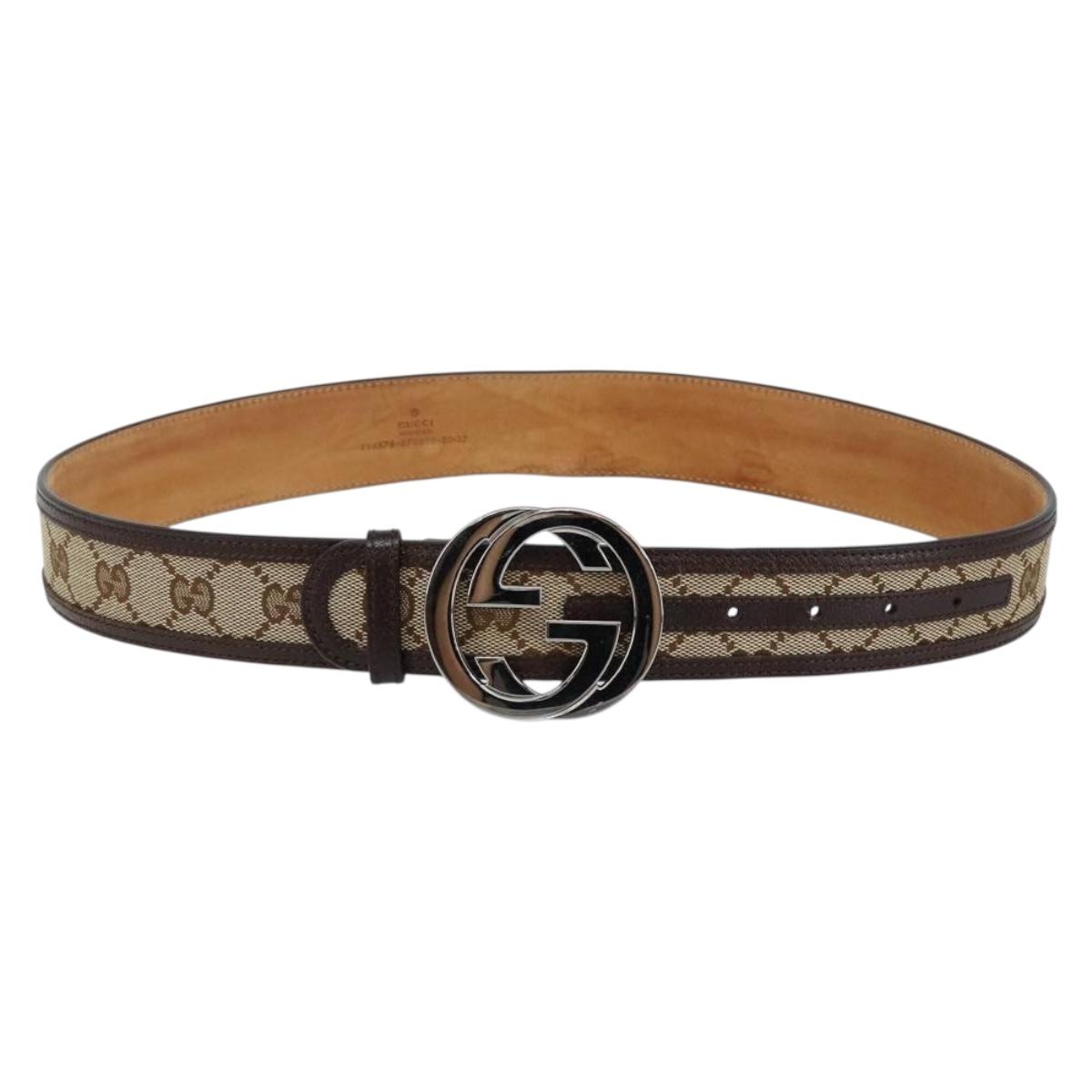 GUCCI GG Canvas Interlocking Belt 37.4"" Beige Silver 114876 Auth 146423