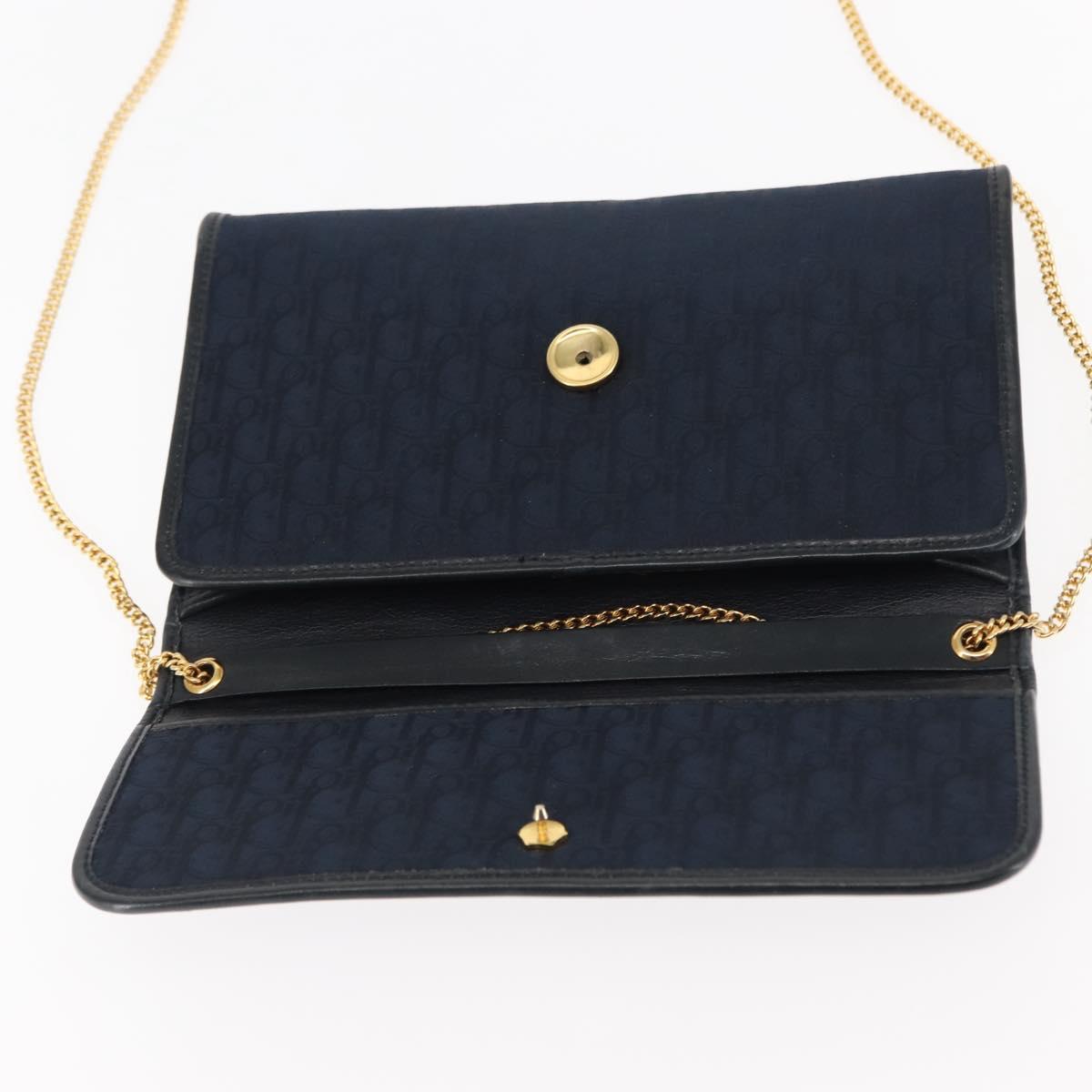Christian Dior Trotter Canvas Chain Shoulder Bag Navy Gold Auth 146428