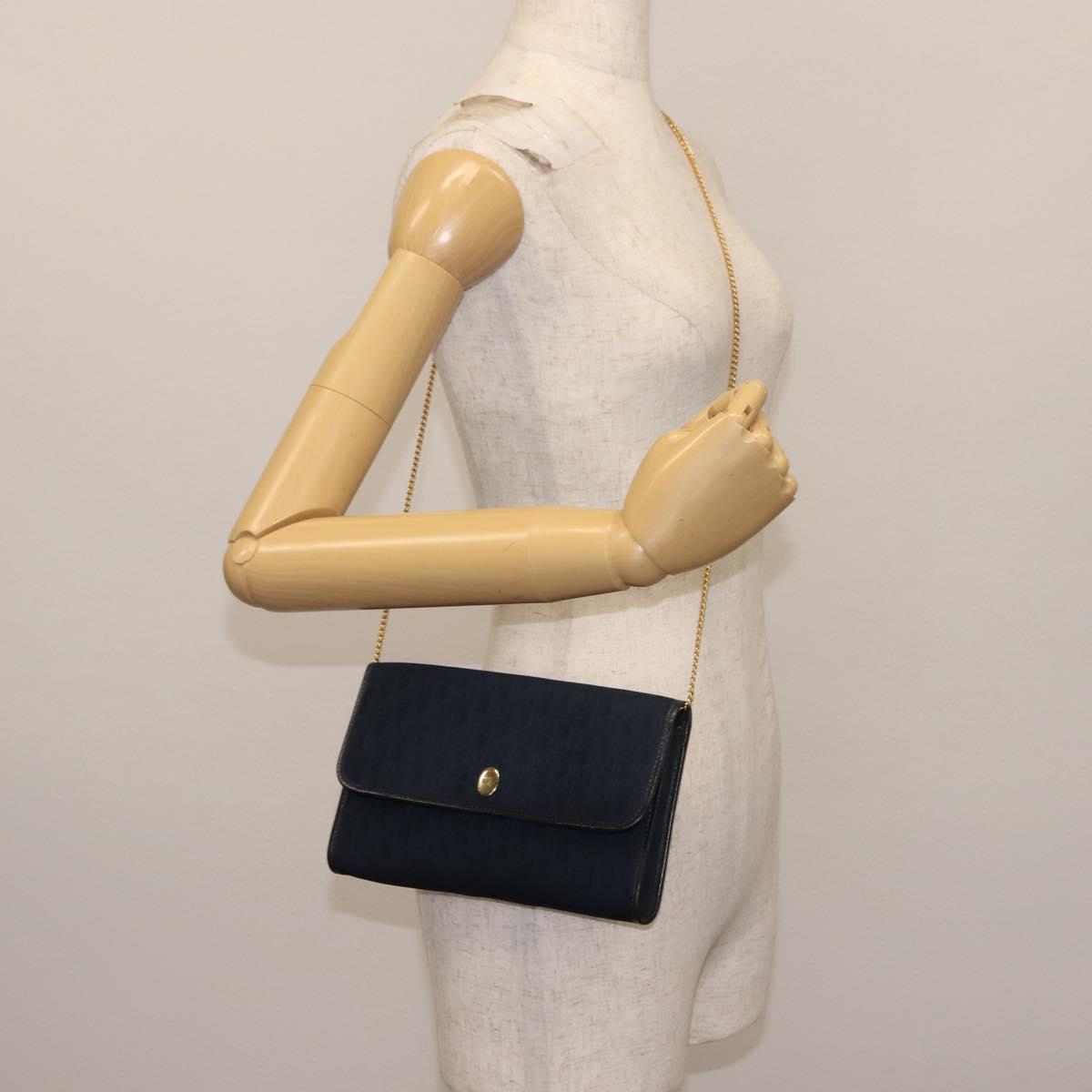 Christian Dior Trotter Canvas Chain Shoulder Bag Navy Gold Auth 146428