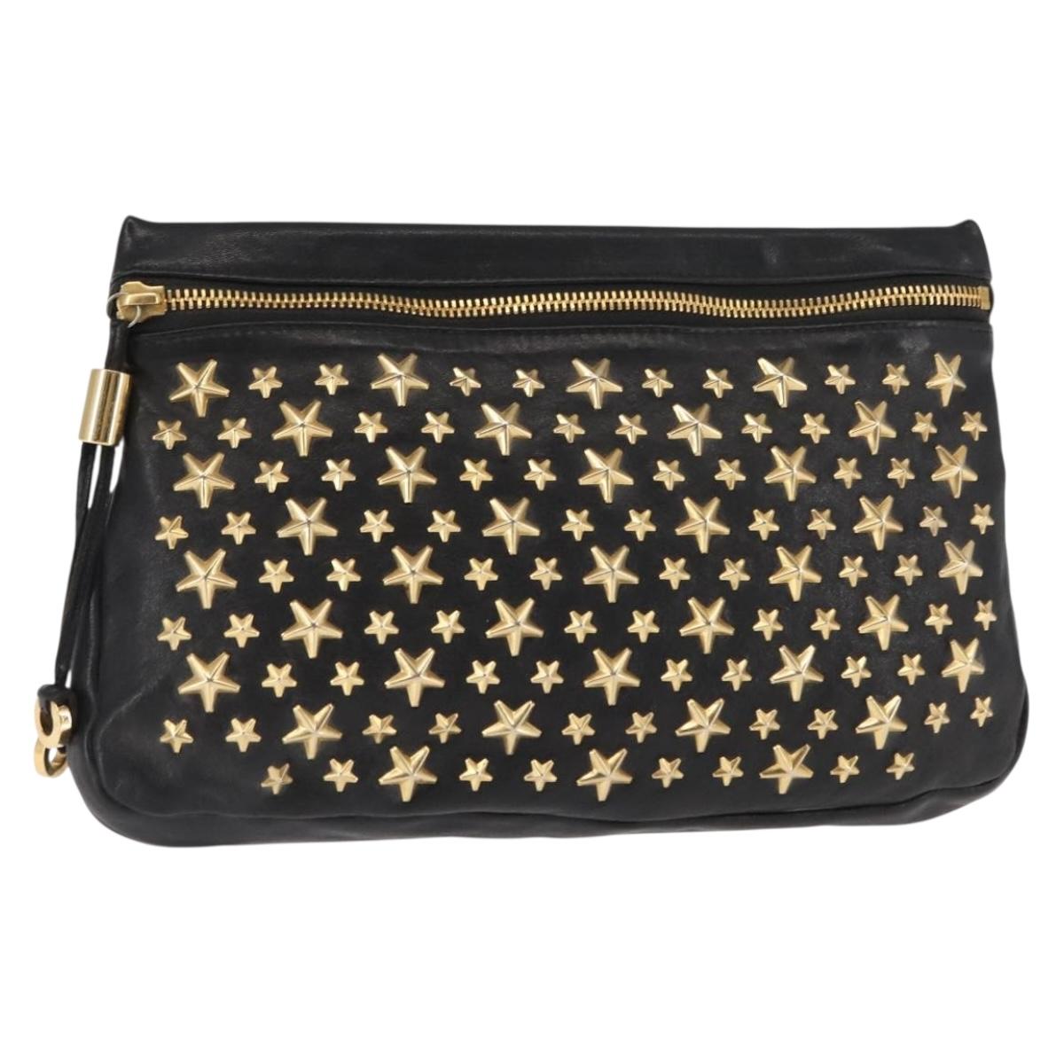 Jimmy Choo Studs Clutch Bag Leather Black Gold Auth 146429