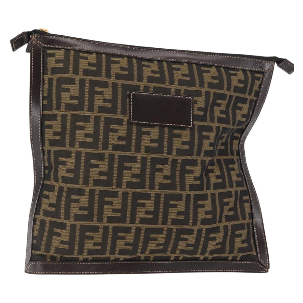 FENDI Zucca Canvas Pouch Black Brown Auth 146439