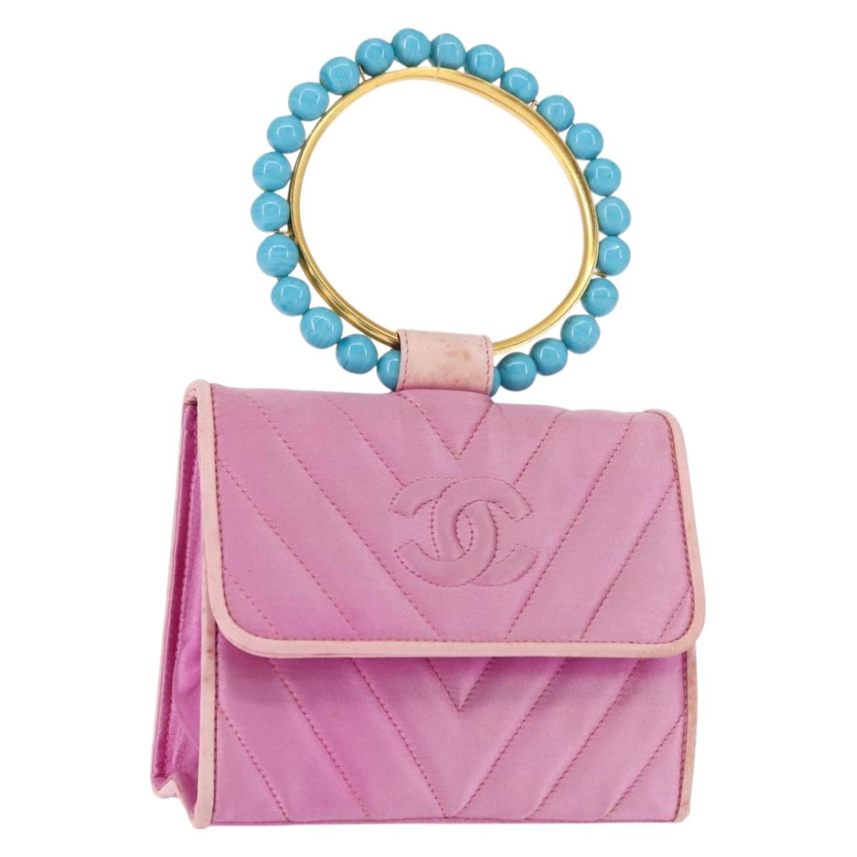 CHANEL V Stitch Hand Bag Satin Pink Gold CC Auth 146447