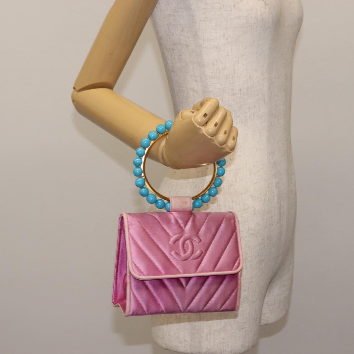 CHANEL V Stitch Hand Bag Satin Pink Gold CC Auth 146447