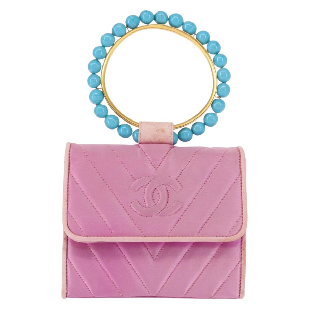 CHANEL V Stitch Hand Bag Satin Pink Gold CC Auth 146447