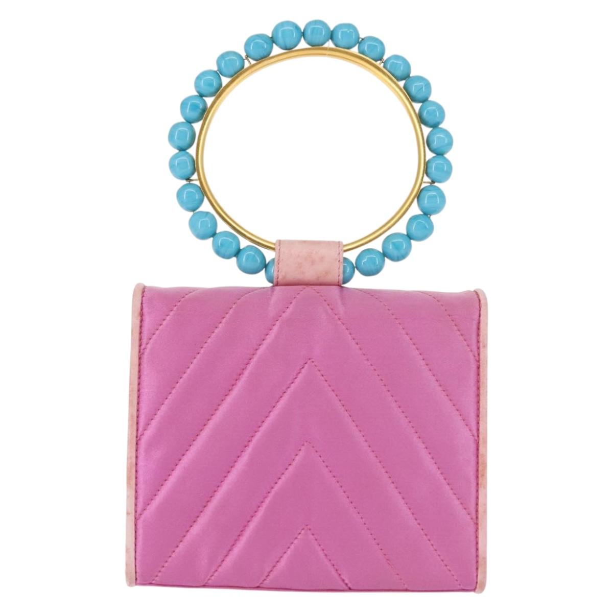 CHANEL V Stitch Hand Bag Satin Pink Gold CC Auth 146447