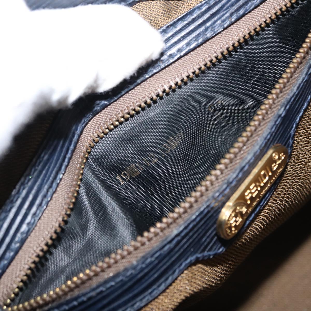 FENDI Pecan Canvas Hand Bag PVC Navy Gold Auth 146482