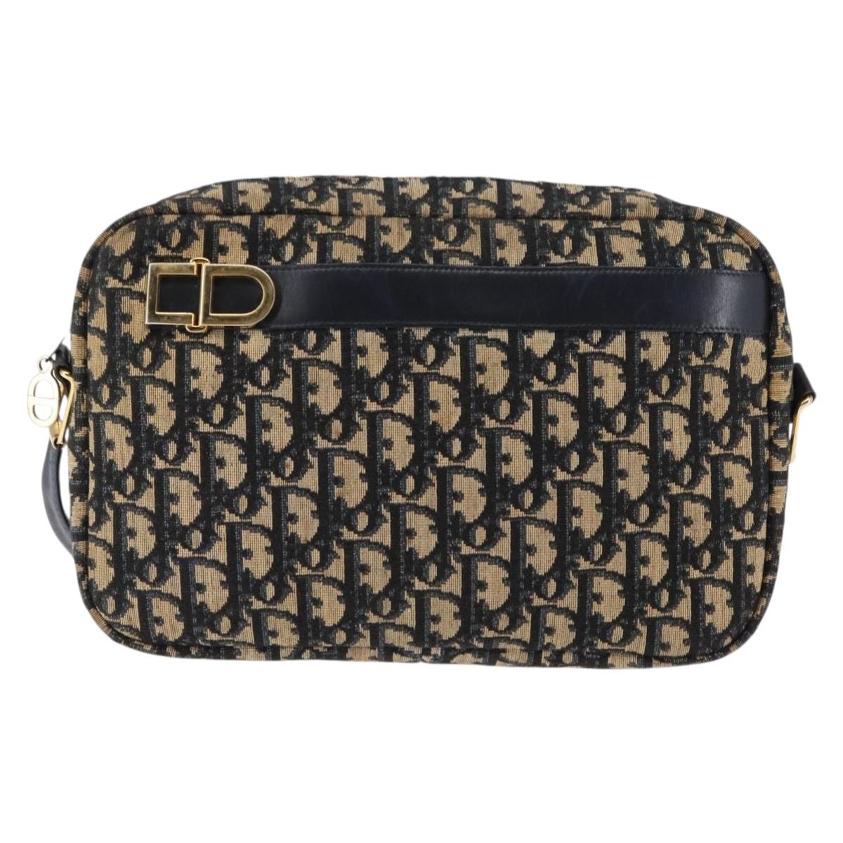Christian Dior Trotter Canvas Shoulder Bag Navy Gold Auth 146485