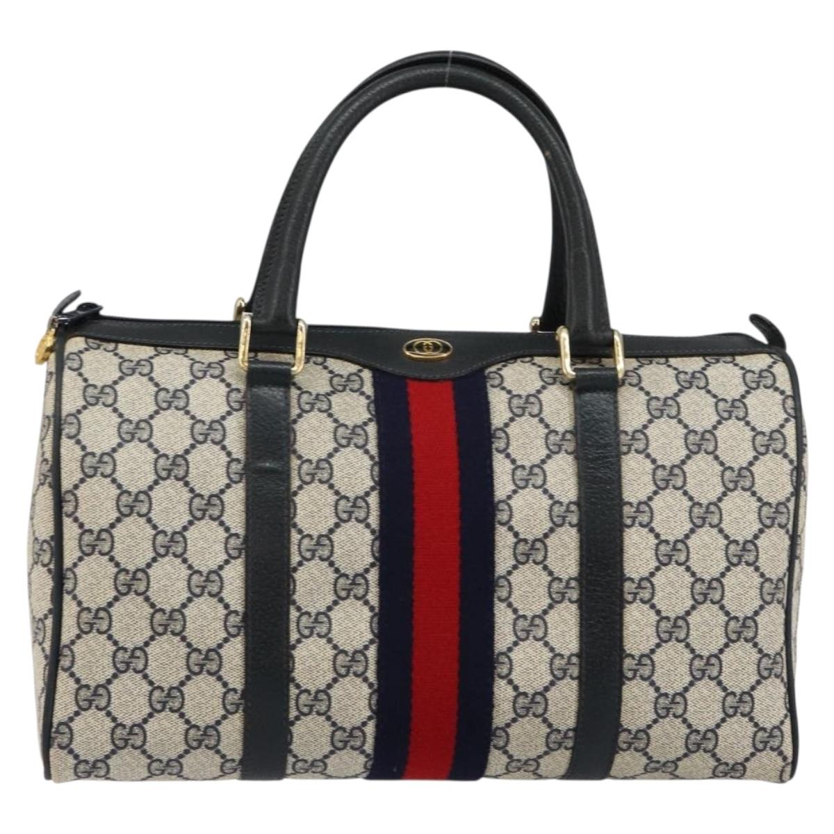 GUCCI GG Supreme Sherry Line Boston Bag PVC Navy Gold 39 02 007 Auth 146490
