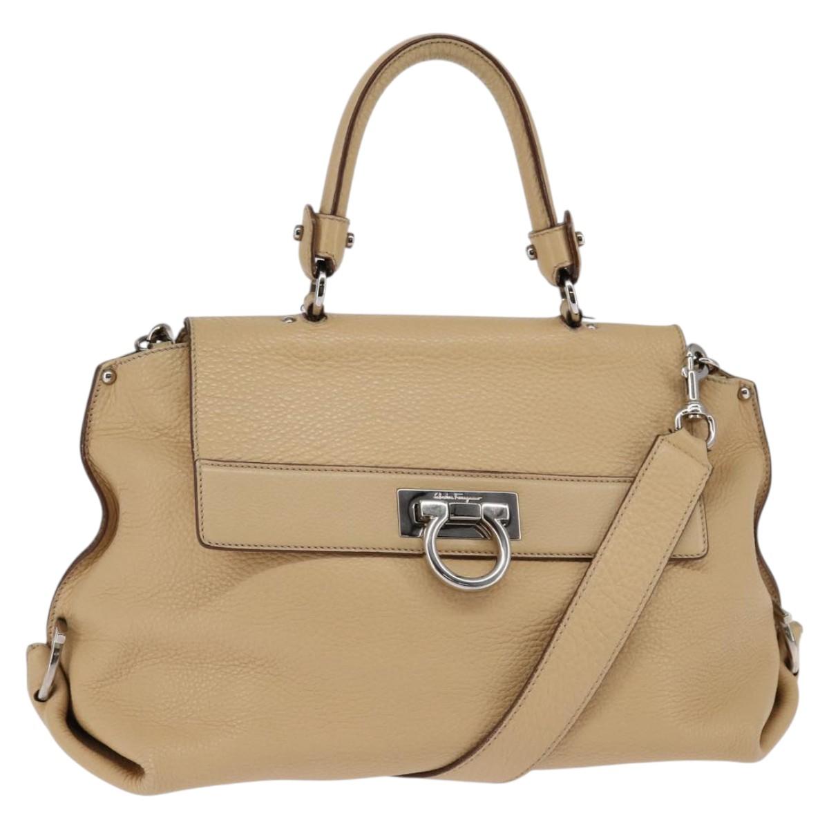 Salvatore Ferragamo Gancini Sofia Hand Bag Leather 2way Beige Silver Auth 146492
