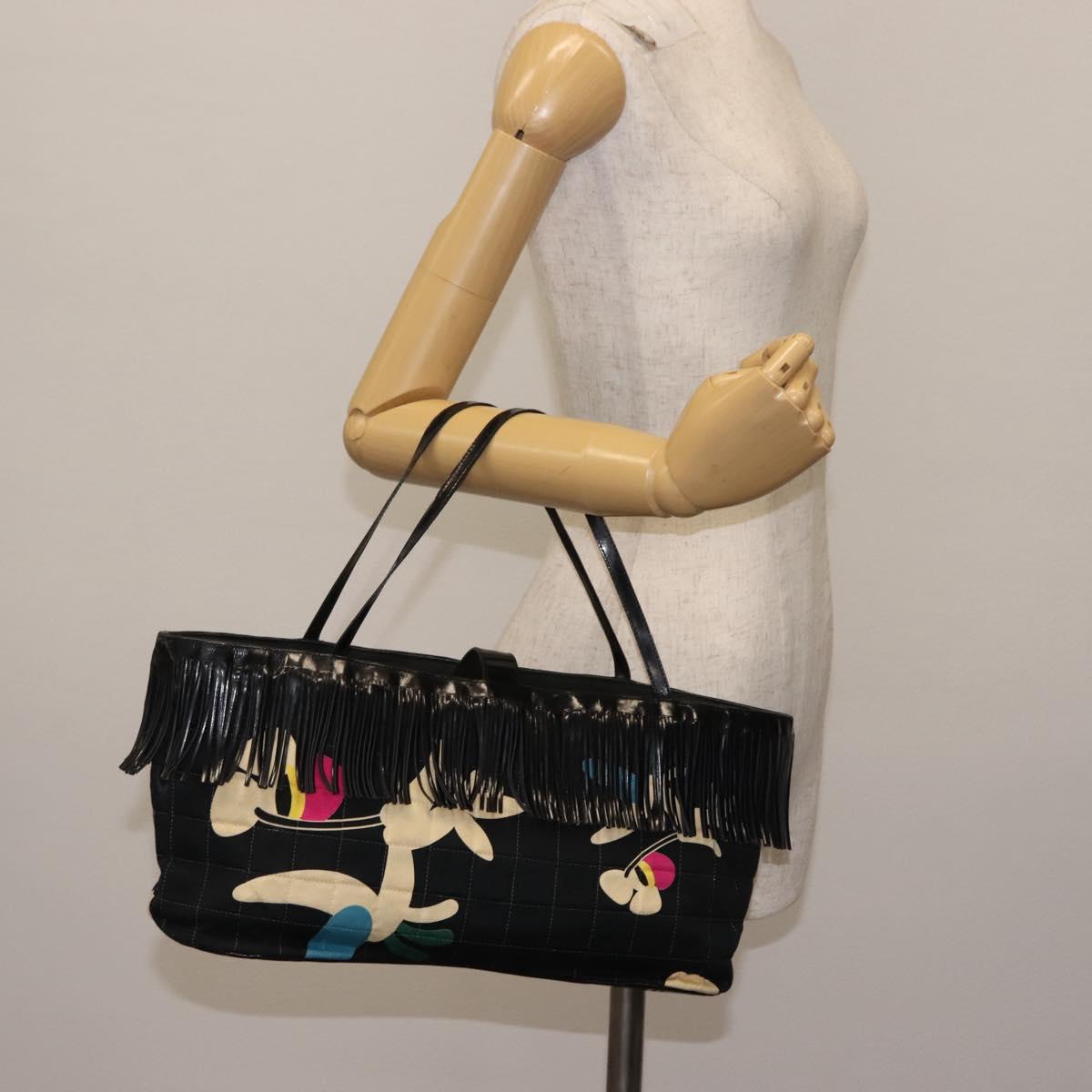 CHANEL Choco Bar Tote Bag Canvas Black Silver CC Auth 146496