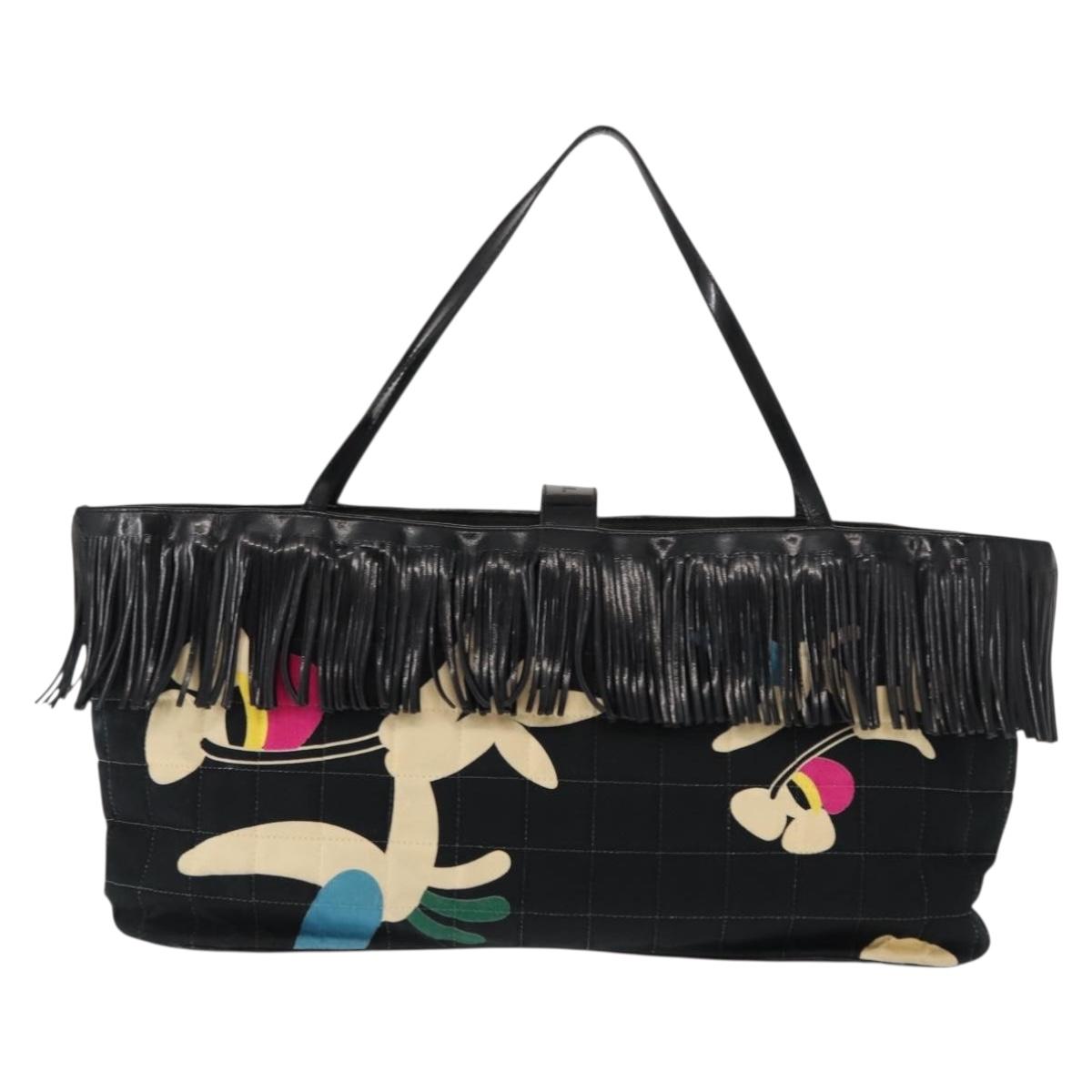 CHANEL Choco Bar Tote Bag Canvas Black Silver CC Auth 146496