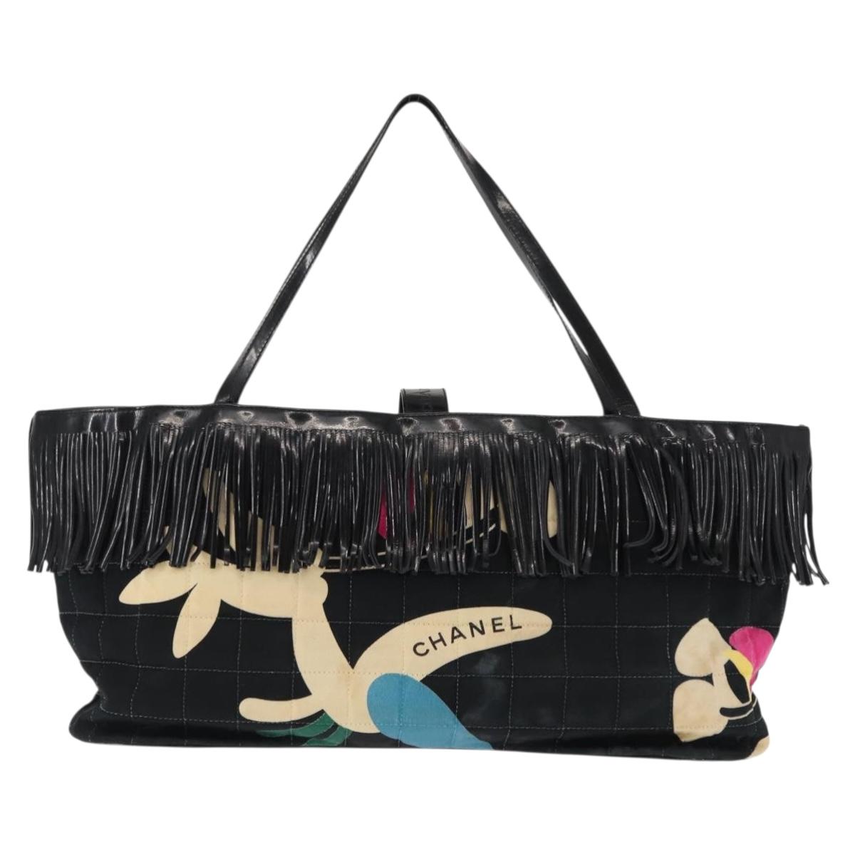 CHANEL Choco Bar Tote Bag Canvas Black Silver CC Auth 146496