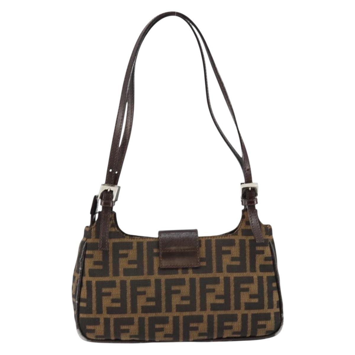 FENDI Zucca Canvas Shoulder Bag Black Brown Auth 146505