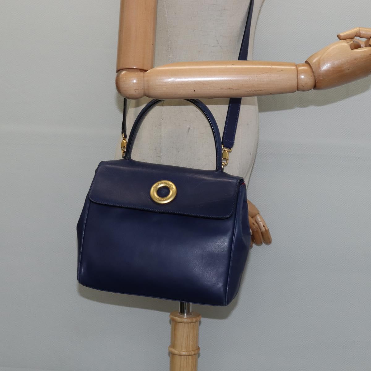 CELINE Circle Hand Bag Leather 2way Blue Gold Auth 146519